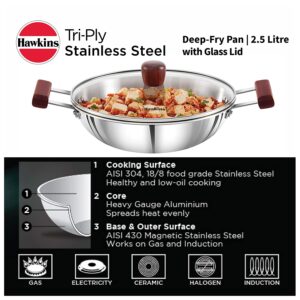 Hawkins Tri-Ply Stainless Steel Induction Compatible Deep-Fry Pan with Glass Lid, Capacity 2.5 Litre, Diameter 26 cm, Thickness 3 mm, Silver