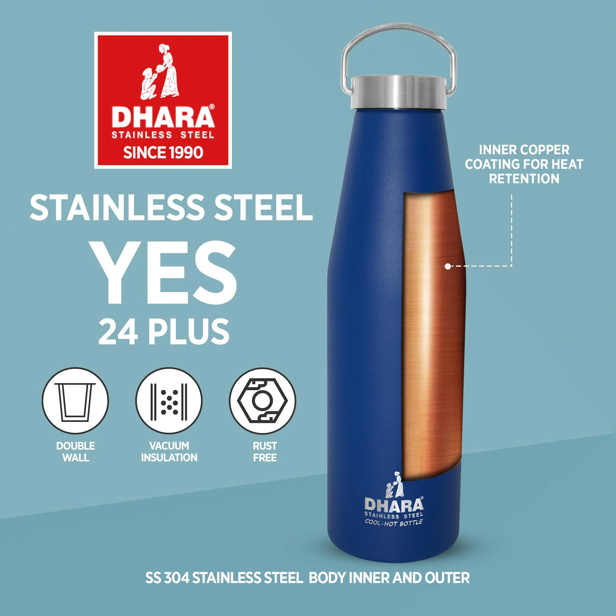 Dhara Stainless Steel Yes 24 Plus Vacuum Insulated Thermosteel Bottle 750 ml Blue | Double Wall | 24 Hours Hot or Cold Flask | Thermos Bottle for Tea and Coffee | Insulated Bottle for Hot Water