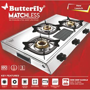 Butterfly Matchless Stainless Steel 3 Burner LPG Gas Stove – Silver, Manual